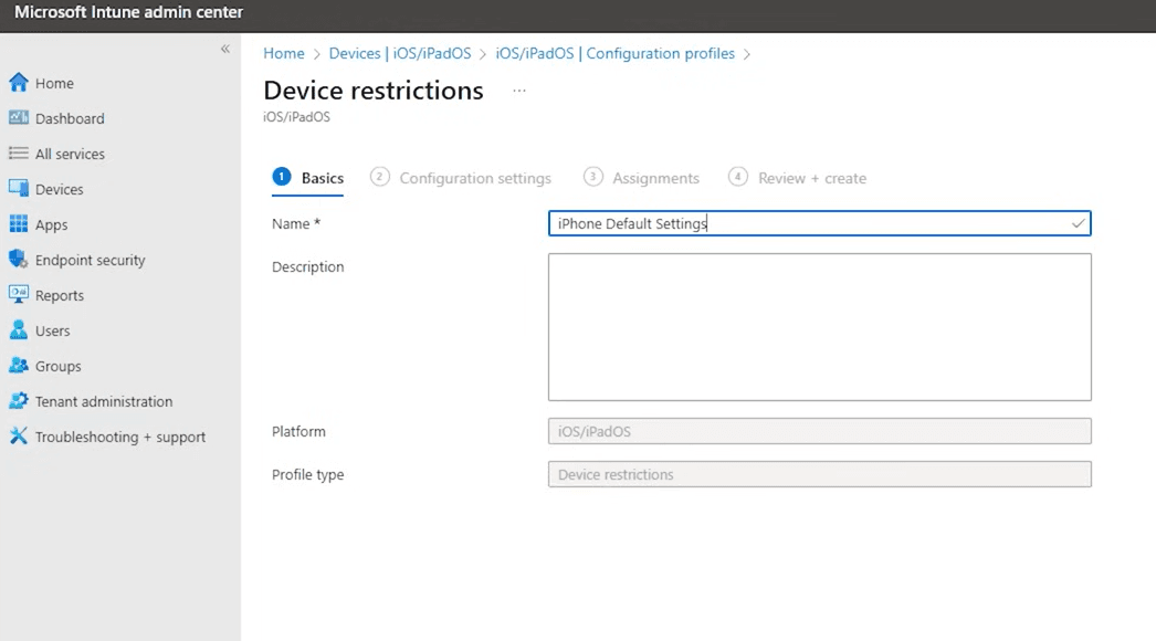Complete the basics tab for the configuration profile