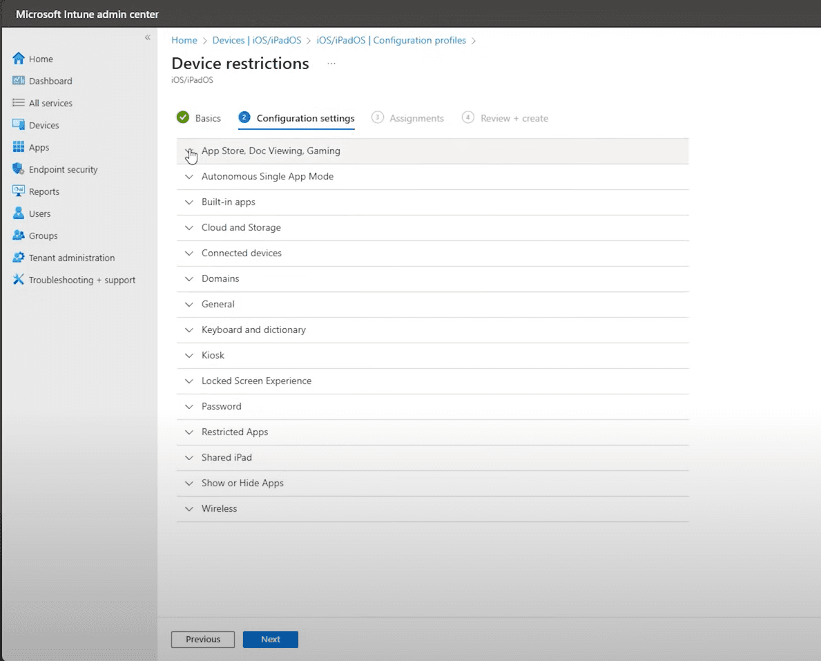 Configuration settings categories in Intune