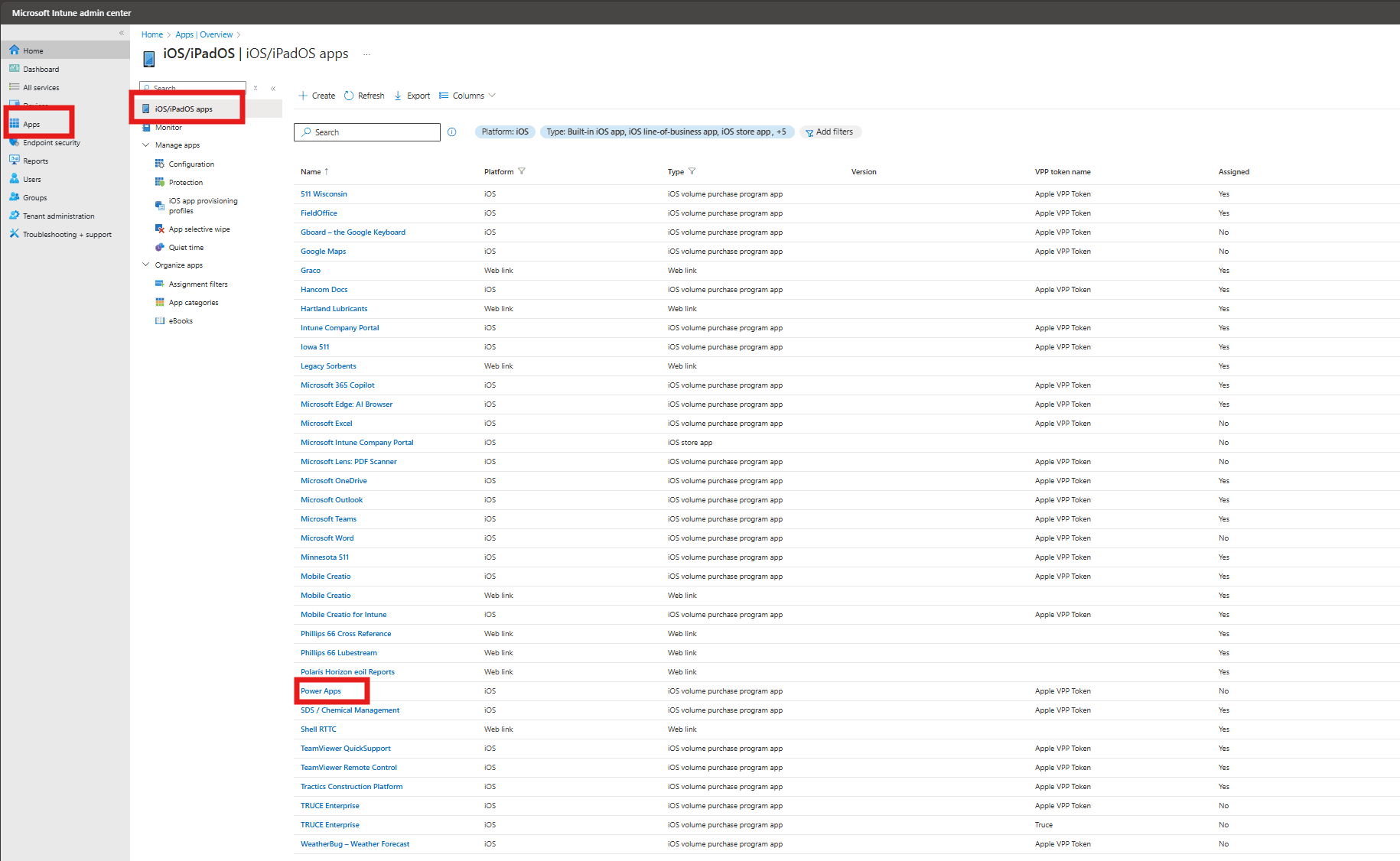 Locate the synced VPP app in the Intune iOS iPadOS apps list